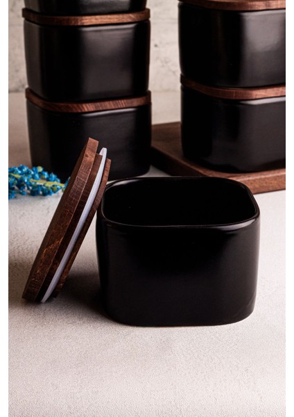 6'lı Siyah Seramik Kase Seti, Çok Amaçlı, Vakumlu Ahşap Kapak, 300 ml indirimleri