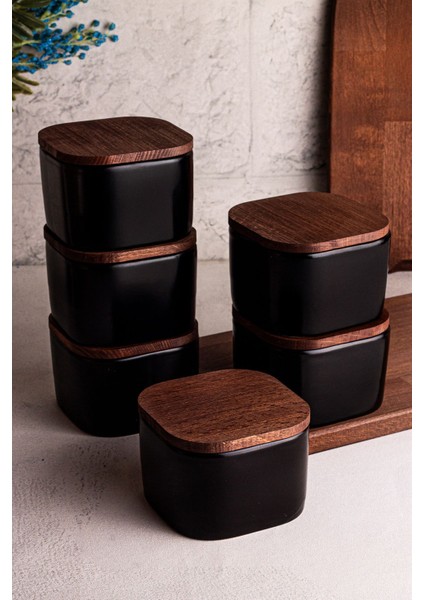 6'lı Siyah Seramik Kase Seti, Çok Amaçlı, Vakumlu Ahşap Kapak, 300 ml
