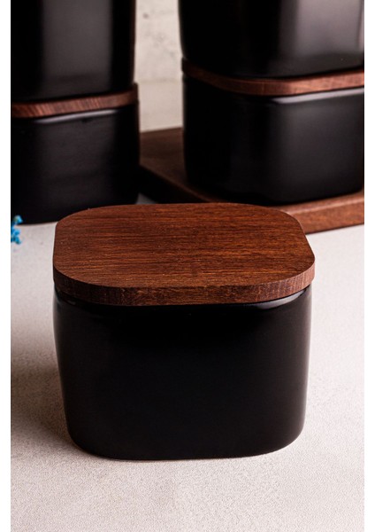 6'lı Siyah Seramik Kase Seti, Çok Amaçlı, Vakumlu Ahşap Kapak, 300 ml