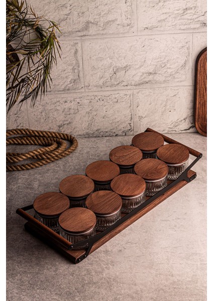 Yuvarlak 10'lu Ahşap Kapaklı Cam Kahvaltılık ve Çerezlik, 235 ml