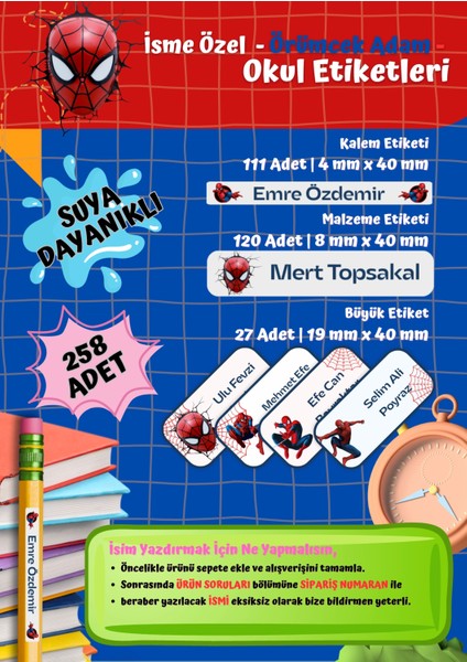 Örümcek Adam Temalı Kişiye Özel Suya Dayanıklı Okul Etiketi Seti - 258 Adet İsimli Etiket