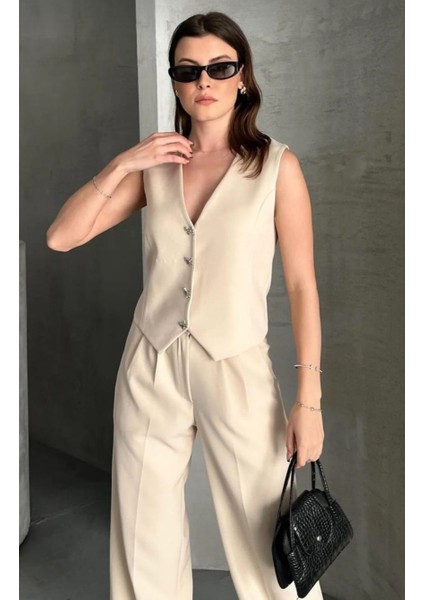 Yeni Sezon Yelek Pantolon Ikili Takım/kurdele Düğmeli Içi Astarlı Yelek Palazzo Pantolon