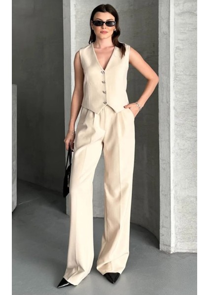 Yeni Sezon Yelek Pantolon Ikili Takım/kurdele Düğmeli Içi Astarlı Yelek Palazzo Pantolon fiyatları
