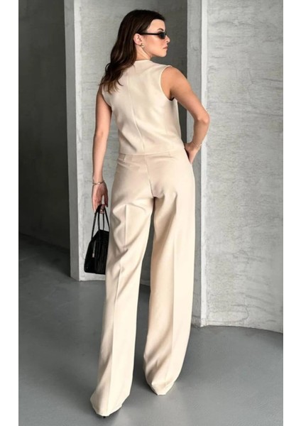 Yeni Sezon Yelek Pantolon Ikili Takım/kurdele Düğmeli Içi Astarlı Yelek Palazzo Pantolon modelleri