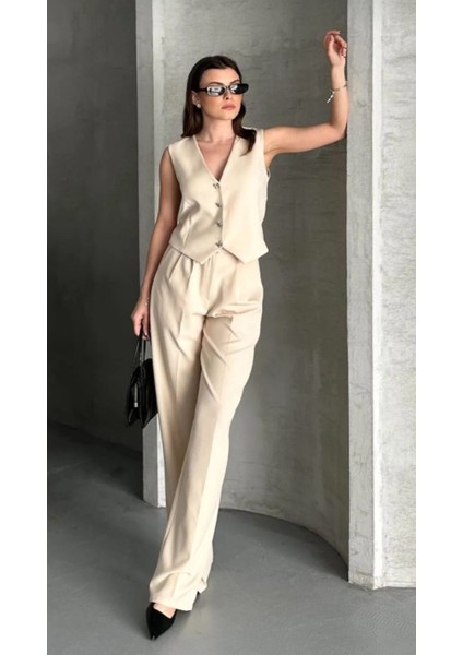 Yeni Sezon Yelek Pantolon Ikili Takım/kurdele Düğmeli Içi Astarlı Yelek Palazzo Pantolon fırsatları