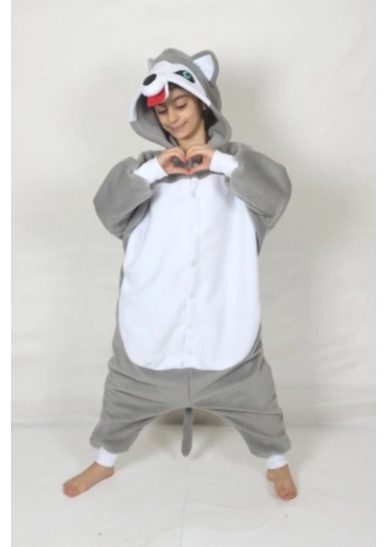 Sevimli Çocuk Kigurumi Sibirya Kurdu Hayvan Kostümü, Renkli ve Rahat Tasarım