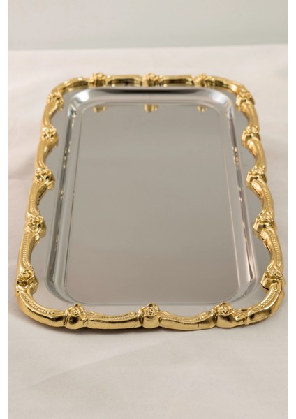 Gold Gül Desenli Paslanmaz Çelik Tepsi | 33X18 cm Lüks Sunum Tepsisi fiyatları