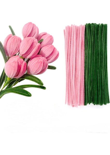 50 Adet Pembe ve Koyu Yeşil Renkli Şönil , Çiçek Yapım Seti, Tüylü Tel, 30 Cm, Peluş Te