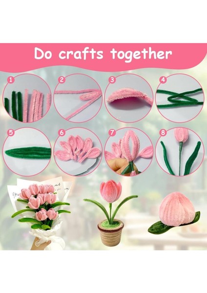 50 Adet Pembe ve Koyu Yeşil Renkli Şönil , Çiçek Yapım Seti, Tüylü Tel, 30 Cm, Peluş Te modelleri
