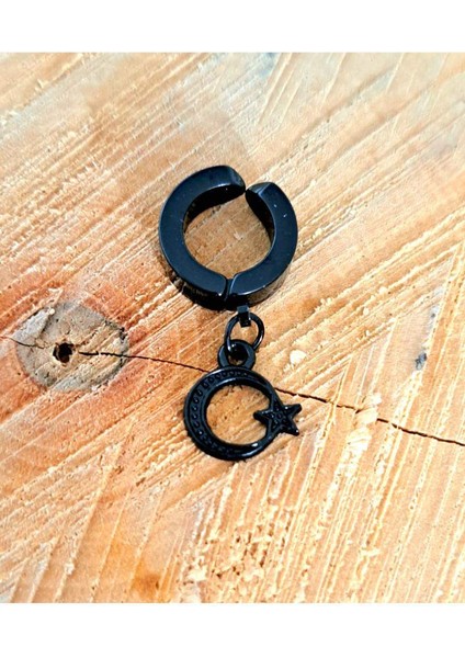 Çelik Ay Yıldızlı Siyah Kıstırma Küpe