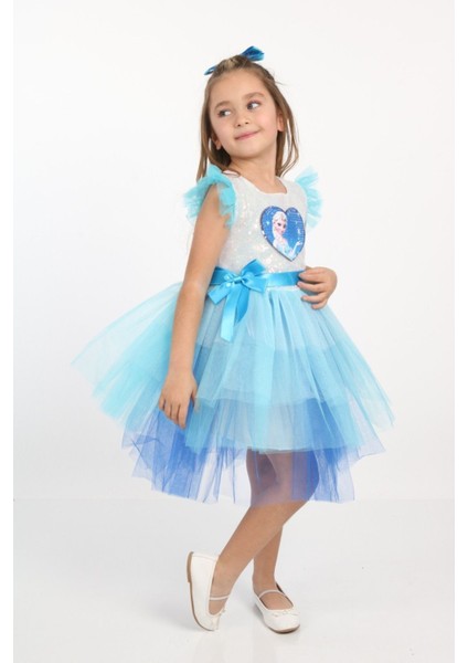 Tüllü Mavi Elsa Elbise, Pullu Tokalı, Çocuklar Için Masal Kıyafeti