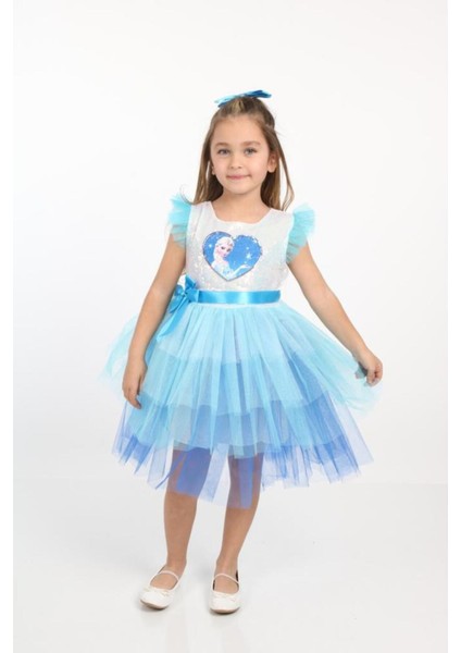 Tüllü Mavi Elsa Elbise, Pullu Tokalı, Çocuklar Için Masal Kıyafeti fiyatları