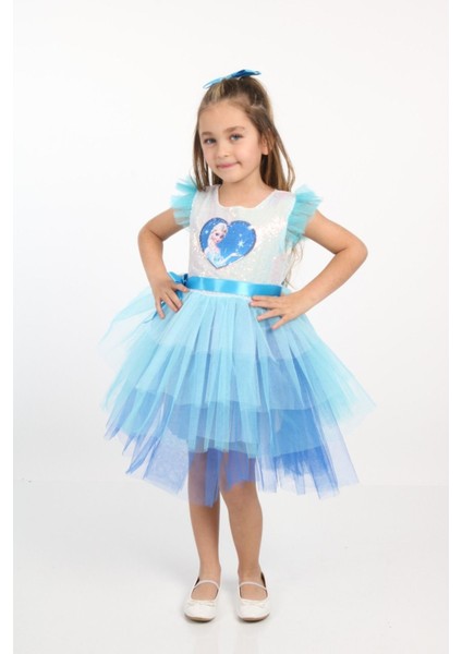 Tüllü Mavi Elsa Elbise, Pullu Tokalı, Çocuklar Için Masal Kıyafeti fırsatları