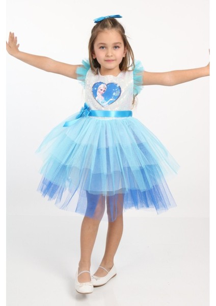 Tüllü Mavi Elsa Elbise, Pullu Tokalı, Çocuklar Için Masal Kıyafeti