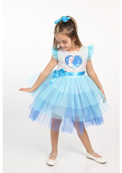 Tüllü Mavi Elsa Elbise, Pullu Tokalı, Çocuklar Için Masal Kıyafeti