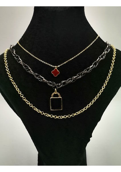 Üçlü Sarı Renk Zincirli Figürlü Lüks Kararmaz Kolye