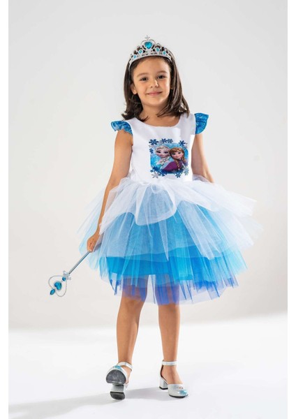 Mavi Prenses Anna Elsa Temalı Kız Çocuk Doğum Günü Elbisesi ve Parti Kostümü