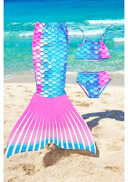 Renkli Deniz Kızı Tasarımlı Kız Çocuk Bikini, Pembe ve Mavi Detaylar