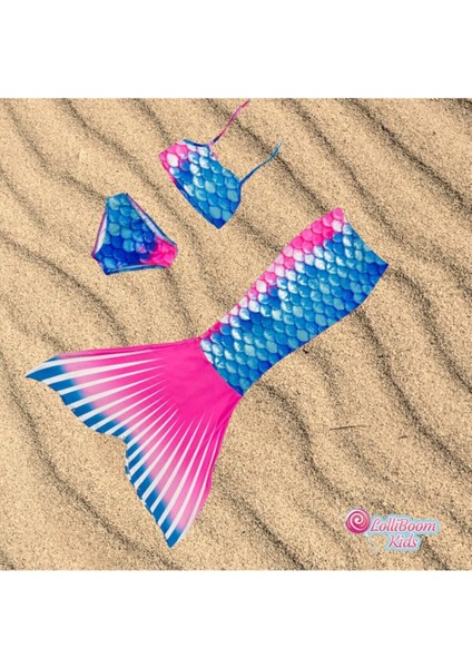 Renkli Deniz Kızı Tasarımlı Kız Çocuk Bikini, Pembe ve Mavi Detaylar modelleri
