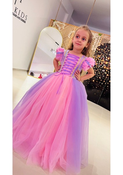 Kız Çocuk Pembe Rapunzel Kostümü, Masal Perisi Kıyafeti, Eğlenceli ve Renkli Kostüm