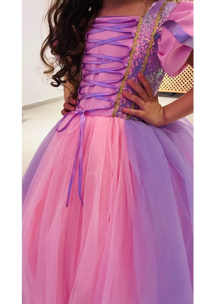 Kız Çocuk Pembe Rapunzel Kostümü, Masal Perisi Kıyafeti, Eğlenceli ve Renkli Kostüm