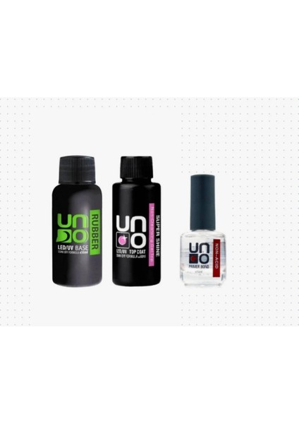 Rubber Base Coat 50 ml , Uno Super Shıne Top Coat 50 ml , Non Asid Primer 15 ml, 3'lü Set