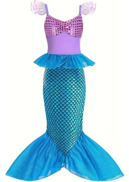 Deniz Kızı Temalı Elbise, Doğum Günü ve Parti Için 6-8 Yaş, Mavi Renkli Şık Kıyafet