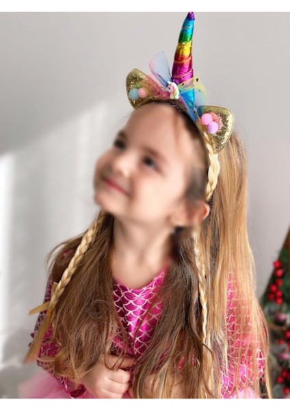 Uzun Örgülü Simli Çocuk Tacı, Unicorn Boynuzlu, Doğum Günü Kostümü, Sarı ve Beyaz
