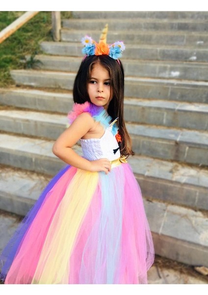 Renkli Unicorn Elbisesi, Tarlatanlı Kabarık ve Taç Hediyesiyle Şık ve Eğlenceli Seçim fiyatları