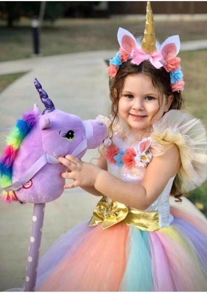 Renkli Kız Çocuk Unicorn Tarlatanlı Tütü Elbise ve Taç Seti