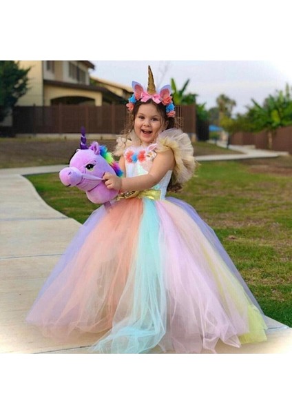 Renkli Kız Çocuk Unicorn Tarlatanlı Tütü Elbise ve Taç Seti fiyatları