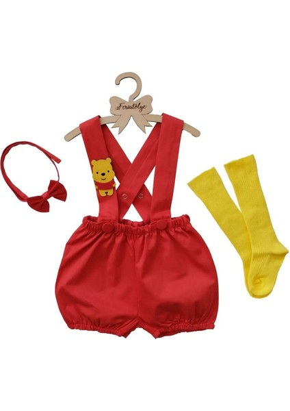 Sevimli Erkek Bebek Salopet Kırmızı Winnie The Pooh Konsepti Papyon Takımı