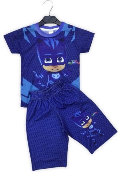 Mavi Unisex Çocuk Pijamaskeliler Kedi Şortlu Takım