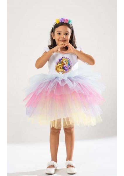 Neşeli Rapunzel Temalı Kız Çocuk Doğum Günü Elbisesi ve Parti Kostümü