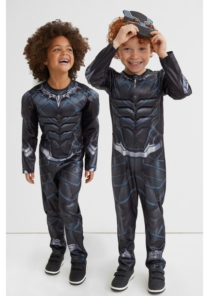 Siyah Baskılı Çocuk Panter Kostümü Maskeli ve Rahat Tasarım