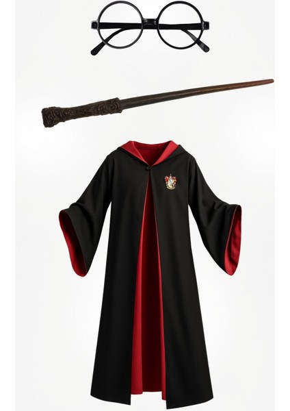 Gryffindor Kostüm Seti - Kapüşonlu Cübbe, Asa ve Gözlük, Partiye ve Cosplay'e Uygun