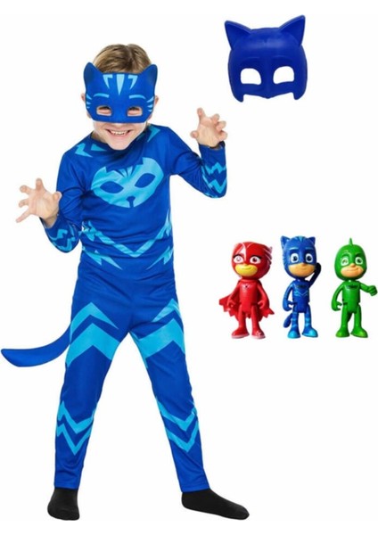 3'lü Pj Mask Mini Figür ve Çocuk Kedi Kostüm Seti, Mavi