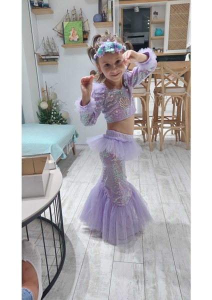 Mor Deniz Kızı Kostüm, Uzun Etek, Uzun Kollu, Çocuklar Için Renkli ve Şık Elbise