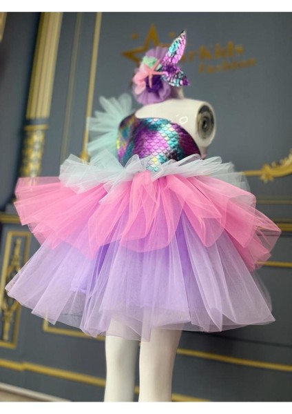 Pembe Kız Çocuk Tek Omuz Deniz Kızı Tütü Elbise ve Taç Seti