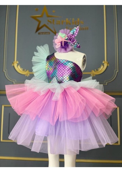 Pembe Kız Çocuk Tek Omuz Deniz Kızı Tütü Elbise ve Taç Seti fiyatları