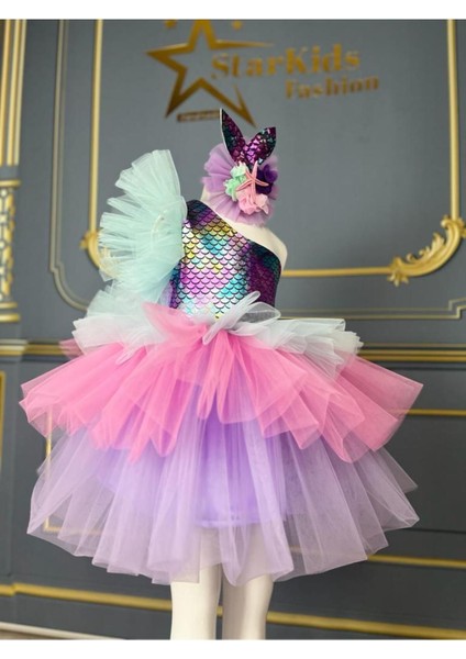 Pembe Kız Çocuk Tek Omuz Deniz Kızı Tütü Elbise ve Taç Seti modelleri