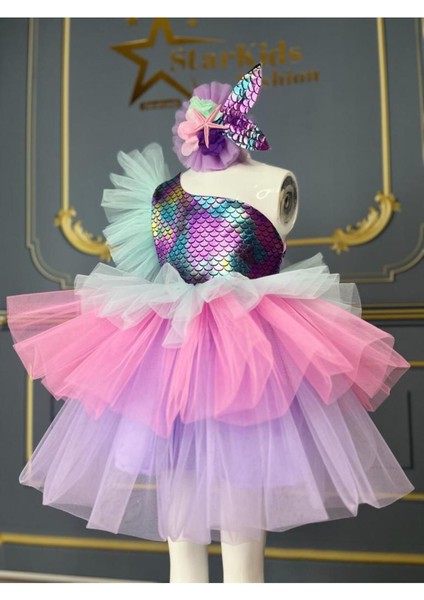 Pembe Kız Çocuk Tek Omuz Deniz Kızı Tütü Elbise ve Taç Seti fırsatları