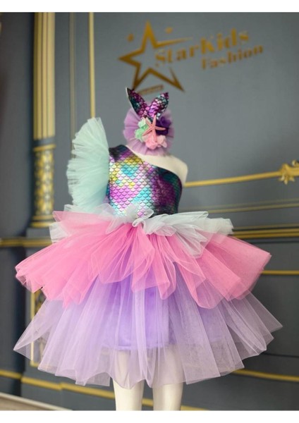 Pembe Kız Çocuk Tek Omuz Deniz Kızı Tütü Elbise ve Taç Seti indirimleri