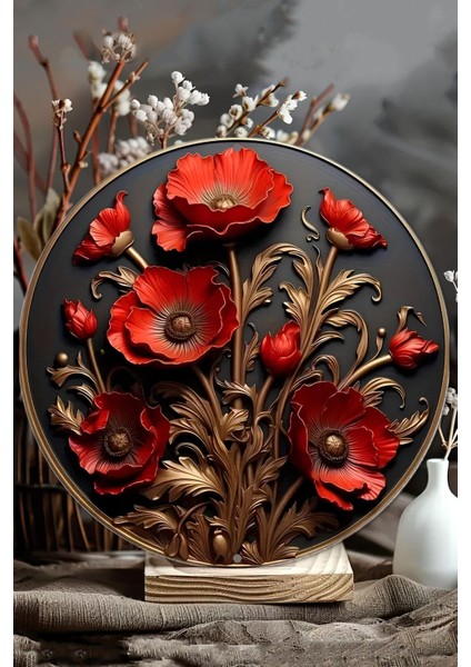 Kırmızı Çiçek Kabartmalı Mdf Duvar Süsü 20 Cm, 3D Görünüm, Dekoratif Parça modelleri