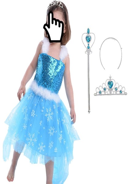 Çocuk Kız Elsa Kostüm, Kış Temalı, Mavi, Ön Kısa, Arka Uzun, Taç Hediyeli