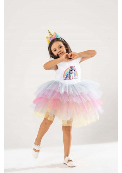 Renkli Unicorn ve Gökkuşağı Kız Çocuk Doğum Günü Elbisesi & Parti Kostümü