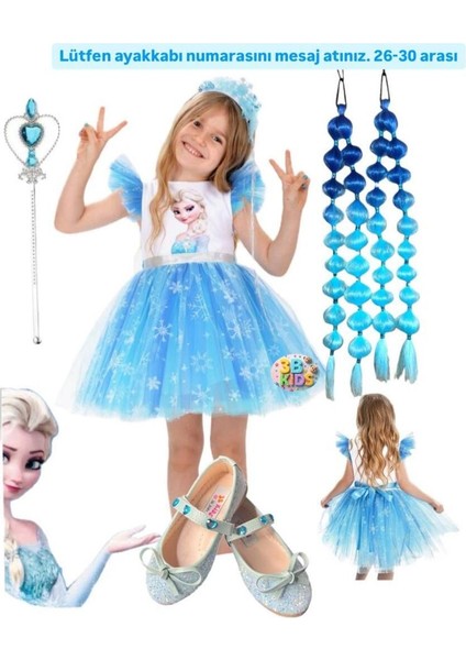 Elsa Mavi Kabarık Kısa Elbise ve Aksesuar Seti, Çocuklar Için Mükemmel Hediye Seçeneği
