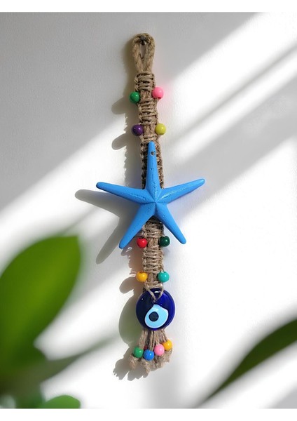 Mavi Yıldız Nazar Boncuklu Makrome Duvar Dekoru, El Yapımı, Şık ve Doğal Tasarım