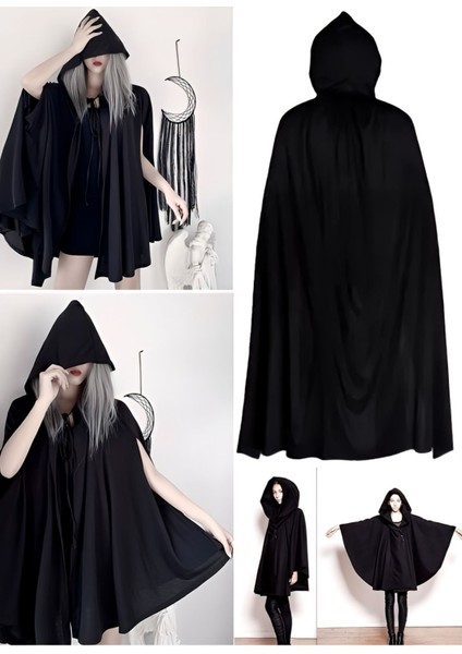 Siyah Kapüşonlu Cadı Pelerini 120 cm - Çocuk ve Yetişkin Halloween ve Parti Aksesuarı