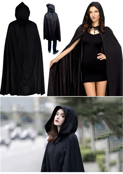 Siyah Kapüşonlu Cadı Pelerini 120 cm - Çocuk ve Yetişkin Halloween ve Parti Aksesuarı modelleri